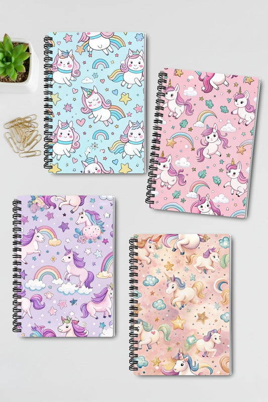 Renkli Unicorn Tasarım Tel Spiralli 4'lü Hatıra Günlük Ajanda Anı Okul Defter Seti