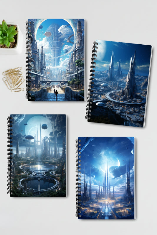 Fütüristik Şehirler Temalı Tasarım Tel Spiralli 4'lü Hatıra Günlük Ajanda Anı Okul Defter Seti