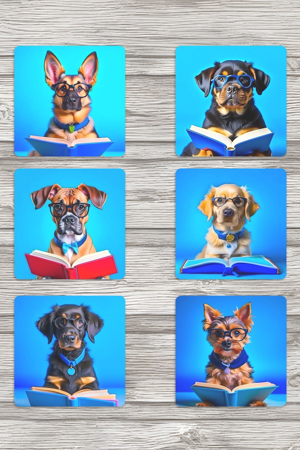 Kitap Okuyan Sevimli Köpekler Baskılı 6'lı Set Dekoratif Ahşap Kare Bardak Altlığı