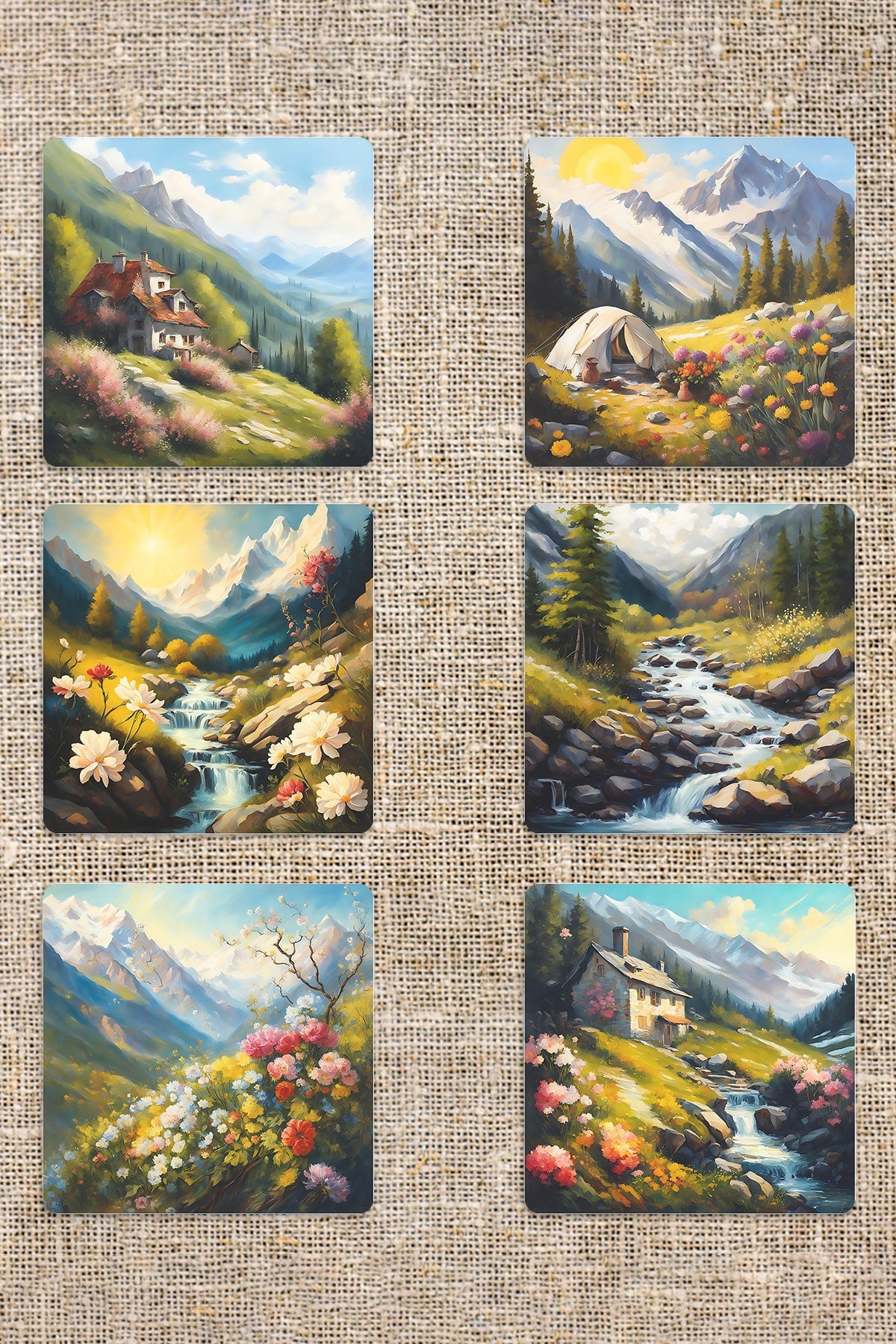 Doğa Temalı Manzara Baskılı 6'lı Set Dekoratif Ahşap Kare Bardak Altlığı