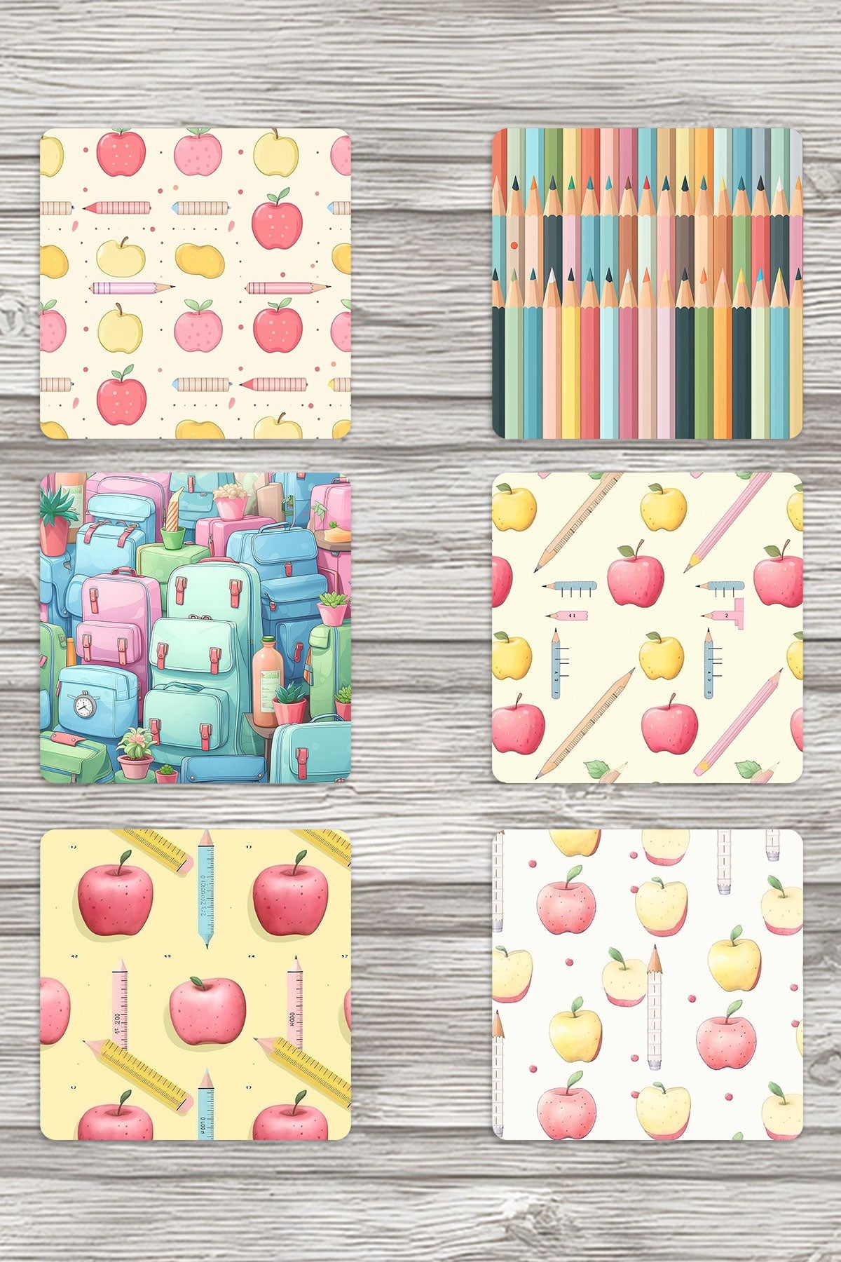 Okula Dönüş Temalı Baskılı 6'lı Set Dekoratif Ahşap Kare Bardak Altlığı