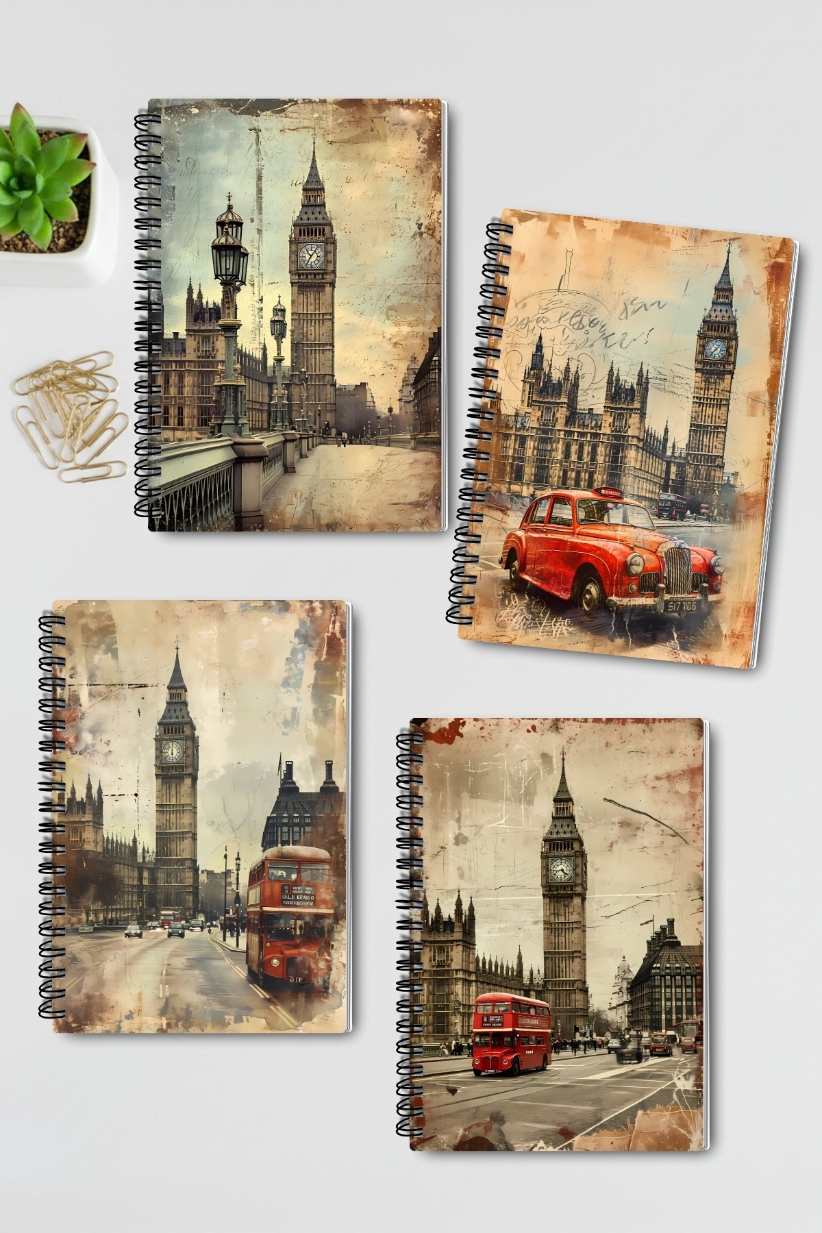 Vintage Londra Tasarım Tel Spiralli 4'lü Hatıra Günlük Ajanda Anı Okul Defter Seti