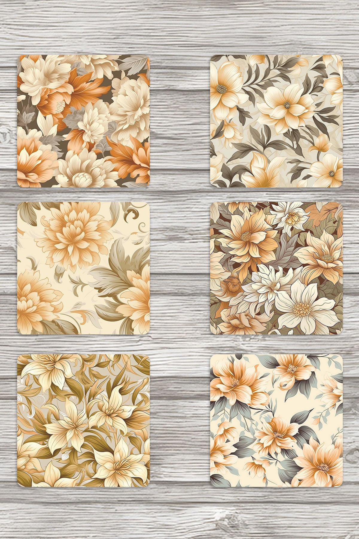 Bej Çiçekler No:2 Baskılı 6'lı Set Dekoratif Ahşap Kare Bardak Altlığı