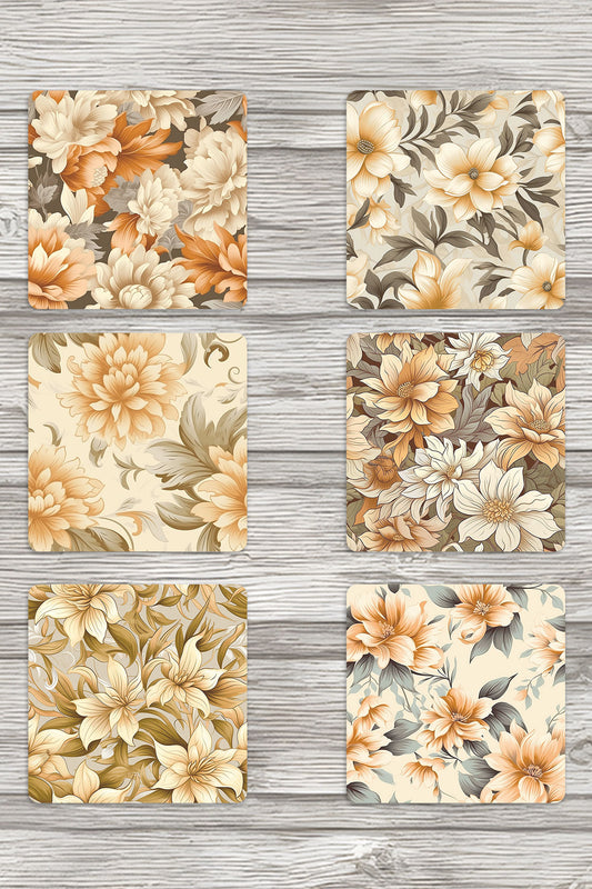 Bej Çiçekler No:2 Baskılı 6'lı Set Dekoratif Ahşap Kare Bardak Altlığı