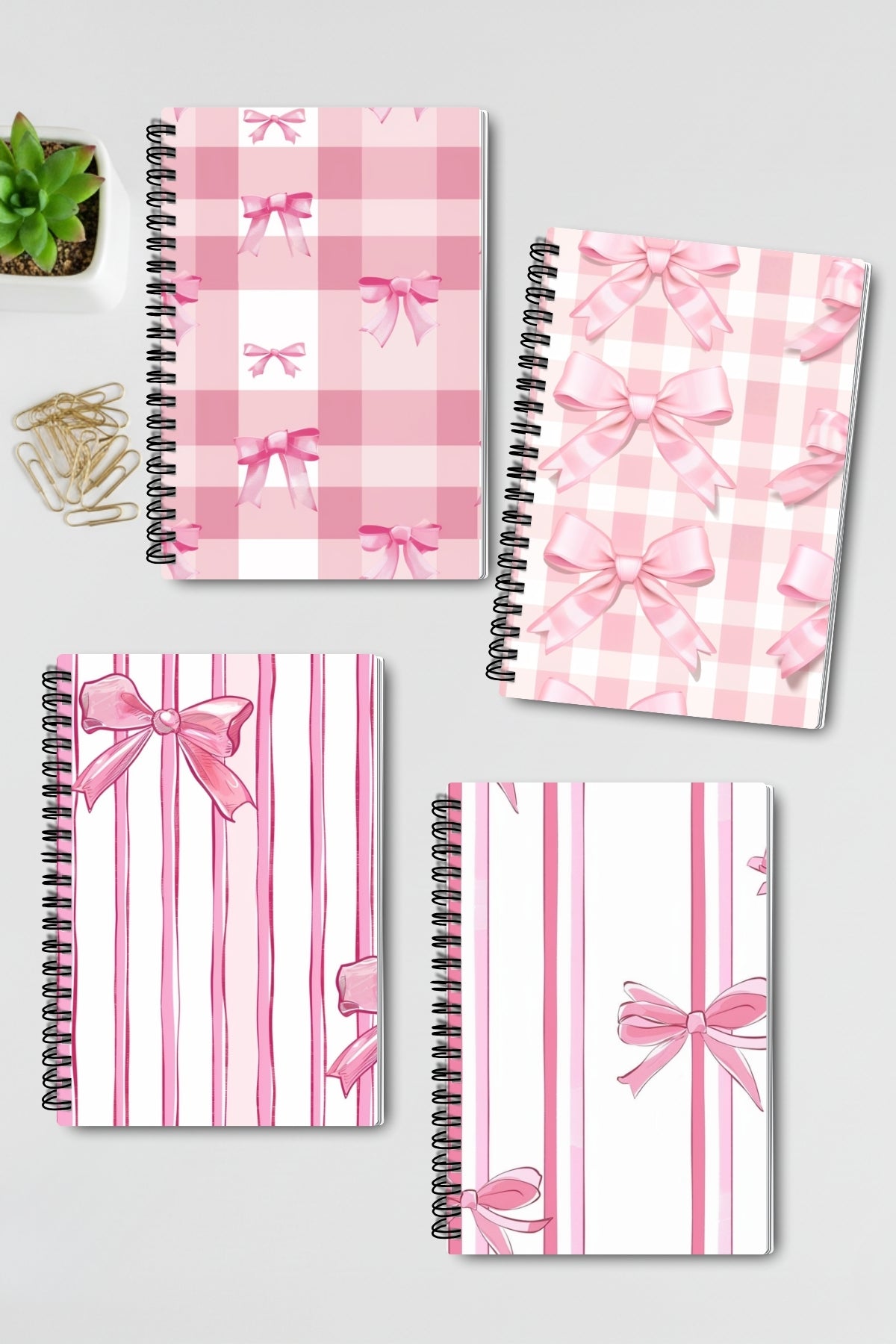 Pembe Fiyonklar Tasarım Tel Spiralli 4'lü Hatıra Günlük Ajanda Anı Okul Defter Seti