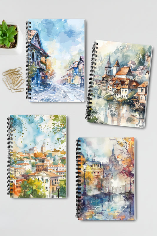 Vintage Sonbahar Şehir Temalı Tasarım Tel Spiralli 4'lü Hatıra Günlük Ajanda Okul Defter Seti