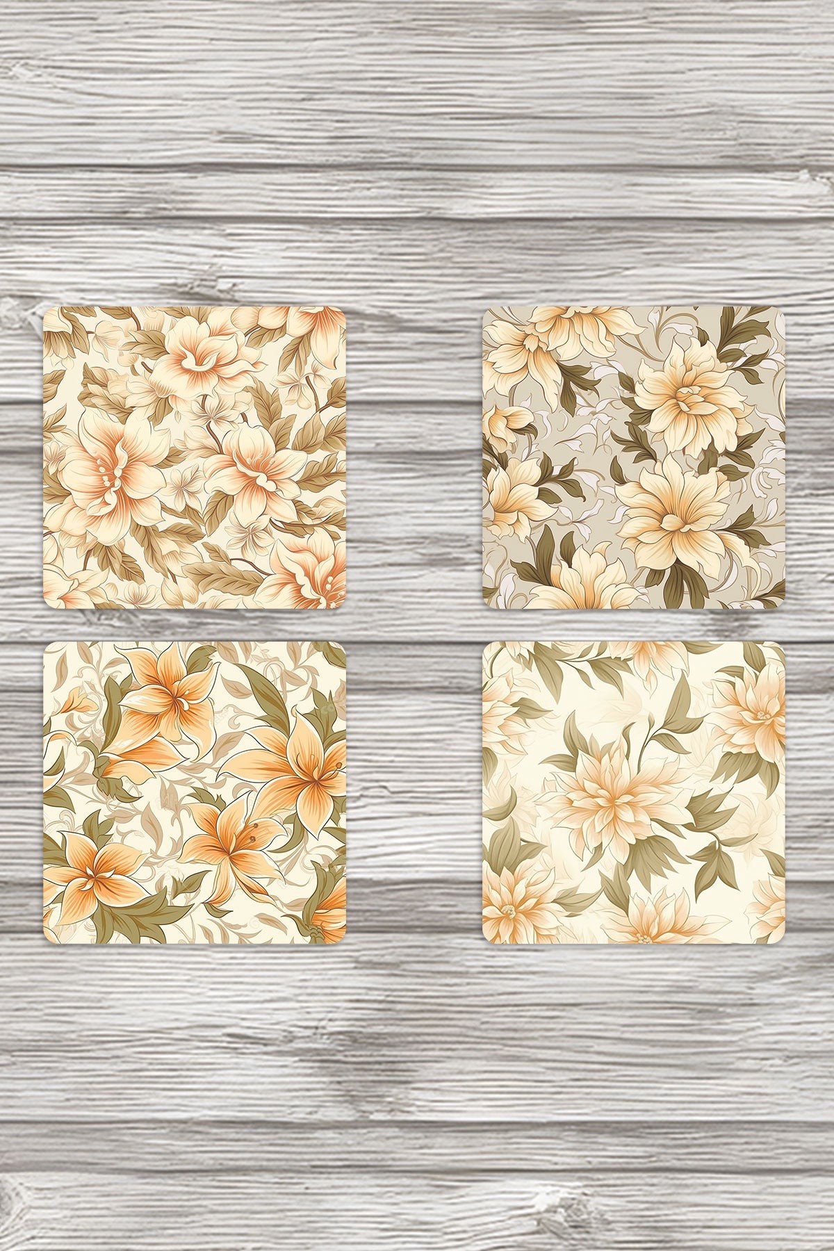 Bej Güller No:1 Baskılı 4'lü Set Dekoratif Ahşap Kare Bardak Altlığı