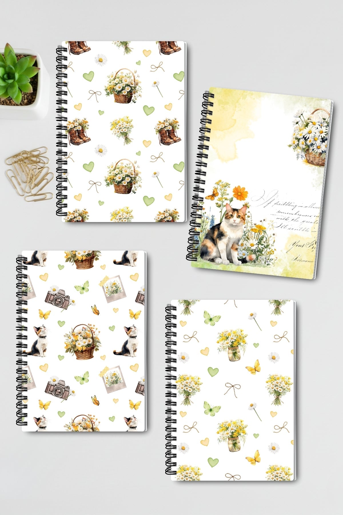 Papatya ve Kır Çiçekleri Tasarım Tel Spiralli 4'lü Hatıra Günlük Ajanda Anı Okul Defter Seti