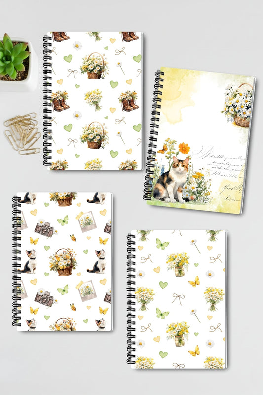 Papatya ve Kır Çiçekleri Tasarım Tel Spiralli 4'lü Hatıra Günlük Ajanda Anı Okul Defter Seti