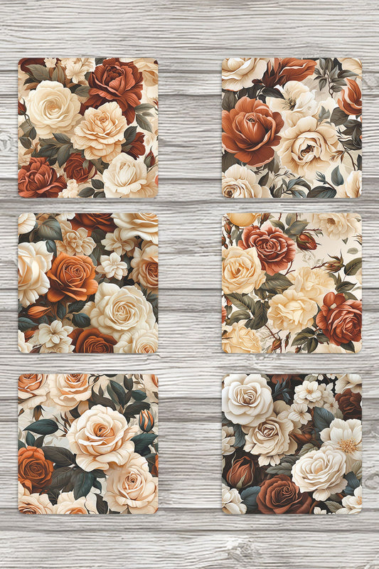 Bej Güller No:2 Baskılı 6'lı Set Dekoratif Ahşap Kare Bardak Altlığı