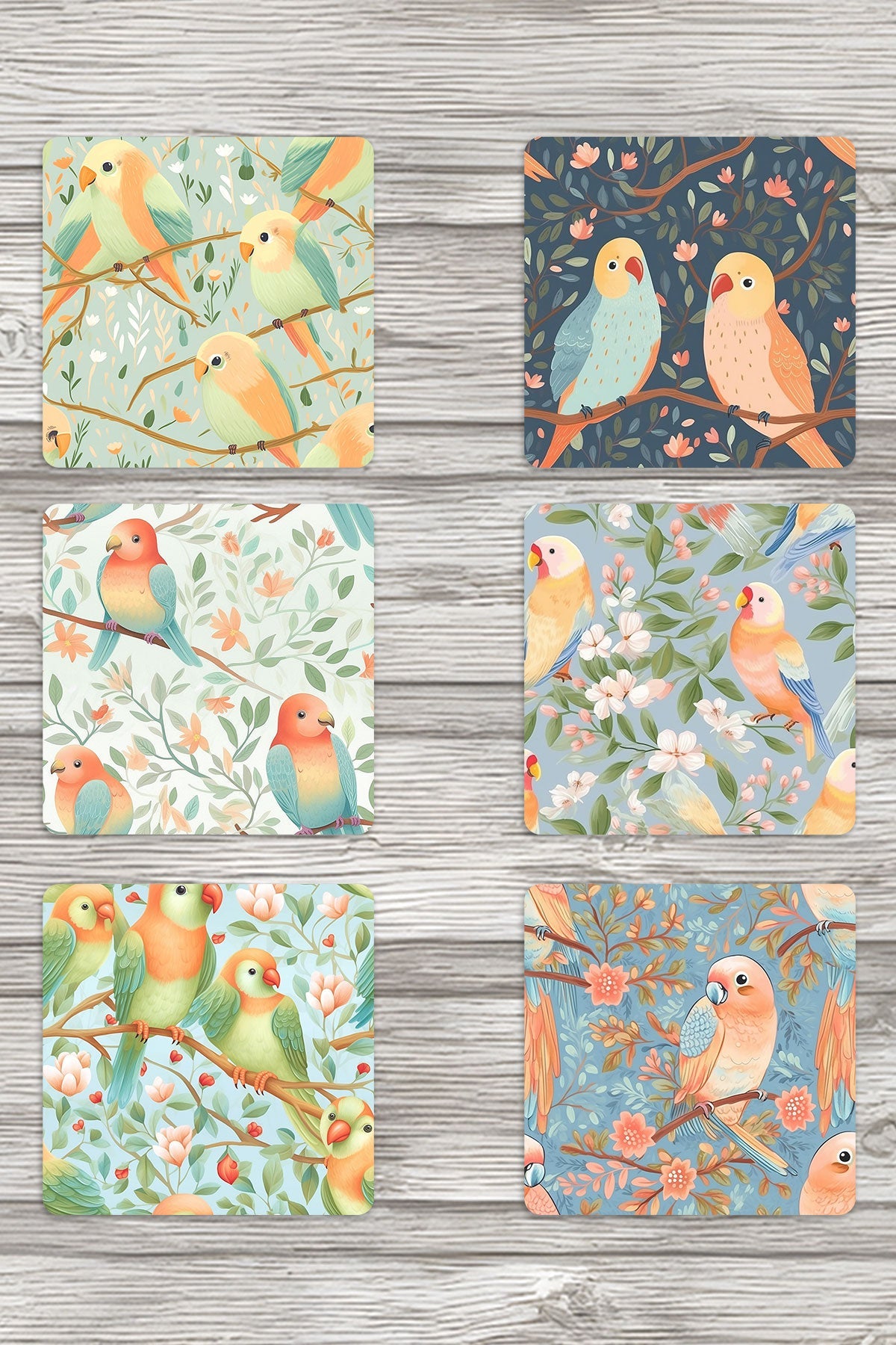 Minik Kuşlar No:2 Baskılı 6'lı Set Dekoratif Ahşap Kare Bardak Altlığı