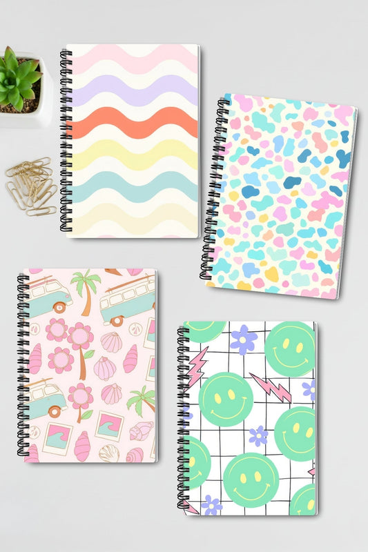 Pastel Retro Temalı Tasarım Tel Spiralli 4'lü Hatıra Günlük Ajanda Anı Okul Defter Seti