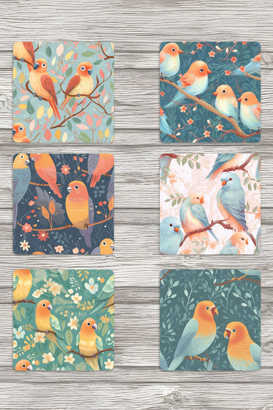 Minik Kuşlar No:3 Baskılı 6'lı Set Dekoratif Ahşap Kare Bardak Altlığı