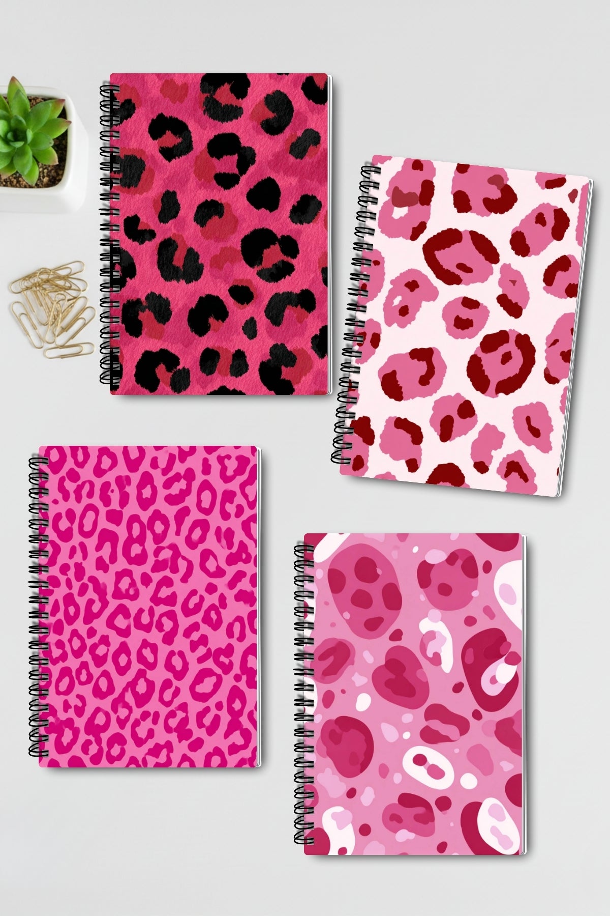 Pembe Leopar Desenli Tasarım Tel Spiralli 4'lü Hatıra Günlük Ajanda Anı Okul Defter Seti