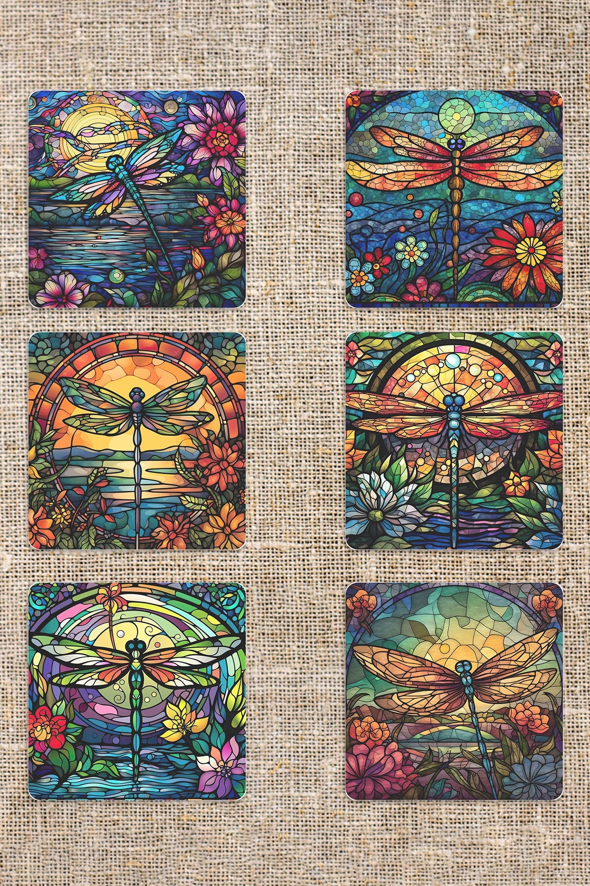 Renkli Yusufçuk Kuşları Baskılı 6'lı Set Dekoratif Ahşap Kare Bardak Altlığı