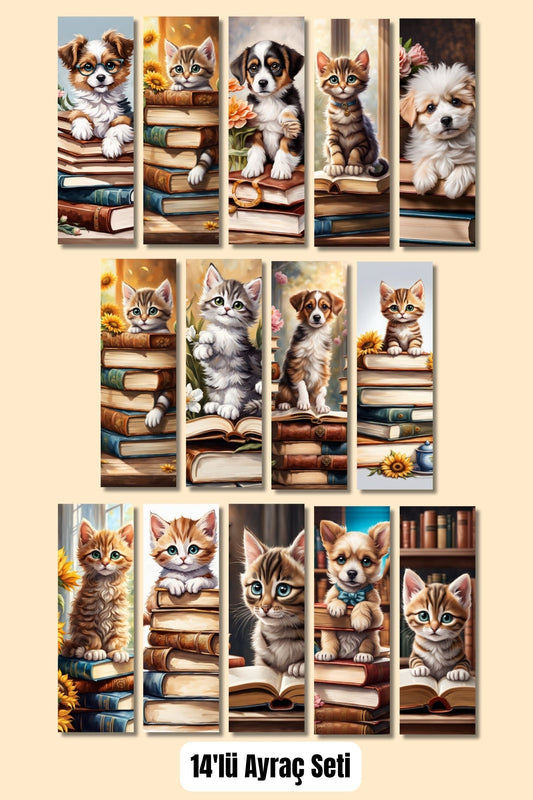 Sevimli Köpek ve Kediler Tasarım Hediyelik 14'lü Kitap Ayracı Seti