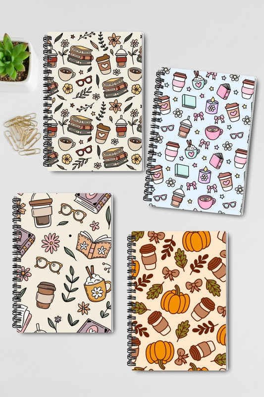 Sonbahar Kitap Kahve ve Çiçek Temalı Tasarım Tel Spiralli 4'lü Hatıra Günlük Okul Defter Seti