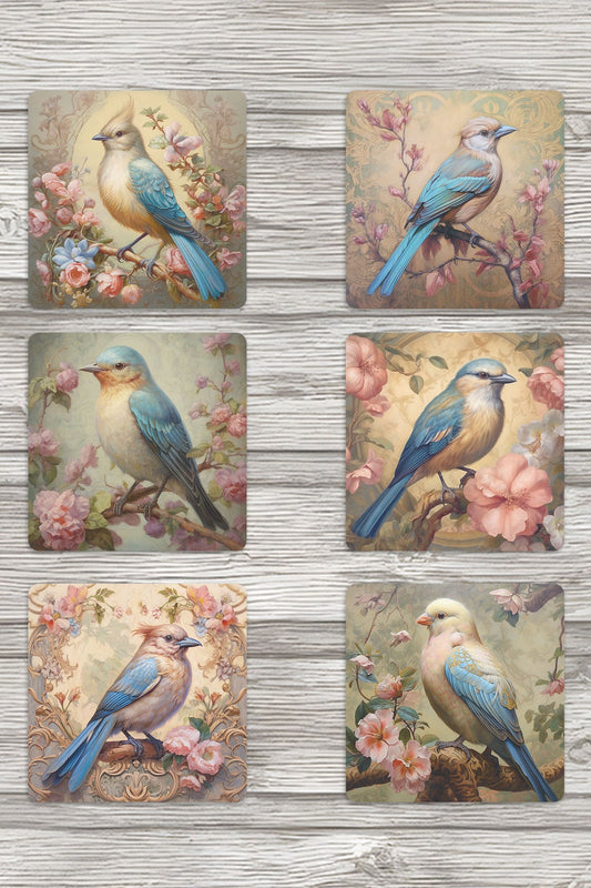 Vintage Kuş Temalı No:4 Baskılı 6'lı Set Dekoratif Ahşap Kare Bardak Altlığı