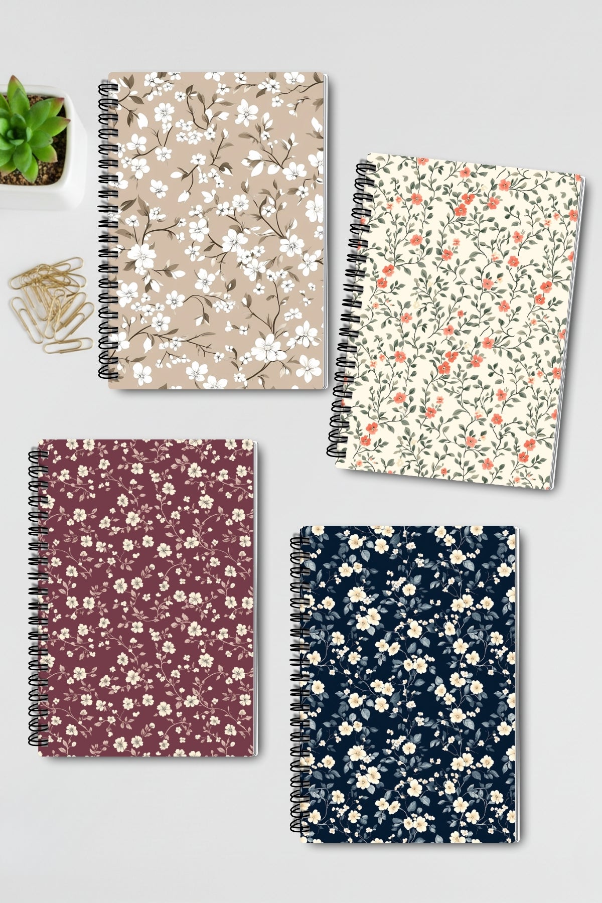 Mini Çiçekler Tasarım Tel Spiralli 4'lü Hatıra Günlük Ajanda Anı Okul Defter Seti