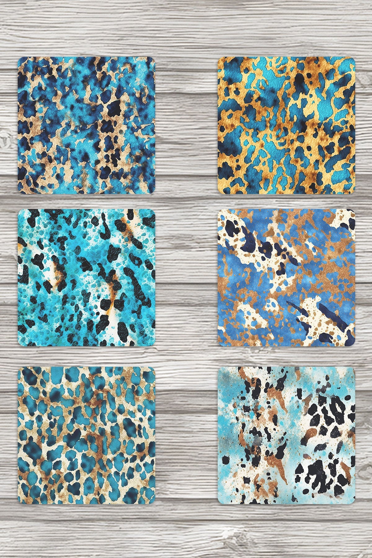 Okyanus Dalgaları Temalı No:1 Baskılı 6'lı Set Dekoratif Ahşap Kare Bardak Altlığı