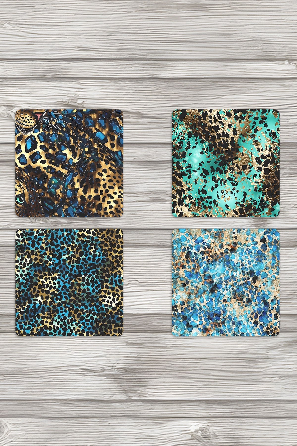 Okyanus Dalgaları Temalı No:3 Baskılı 4'lü Set Dekoratif Ahşap Kare Bardak Altlığı