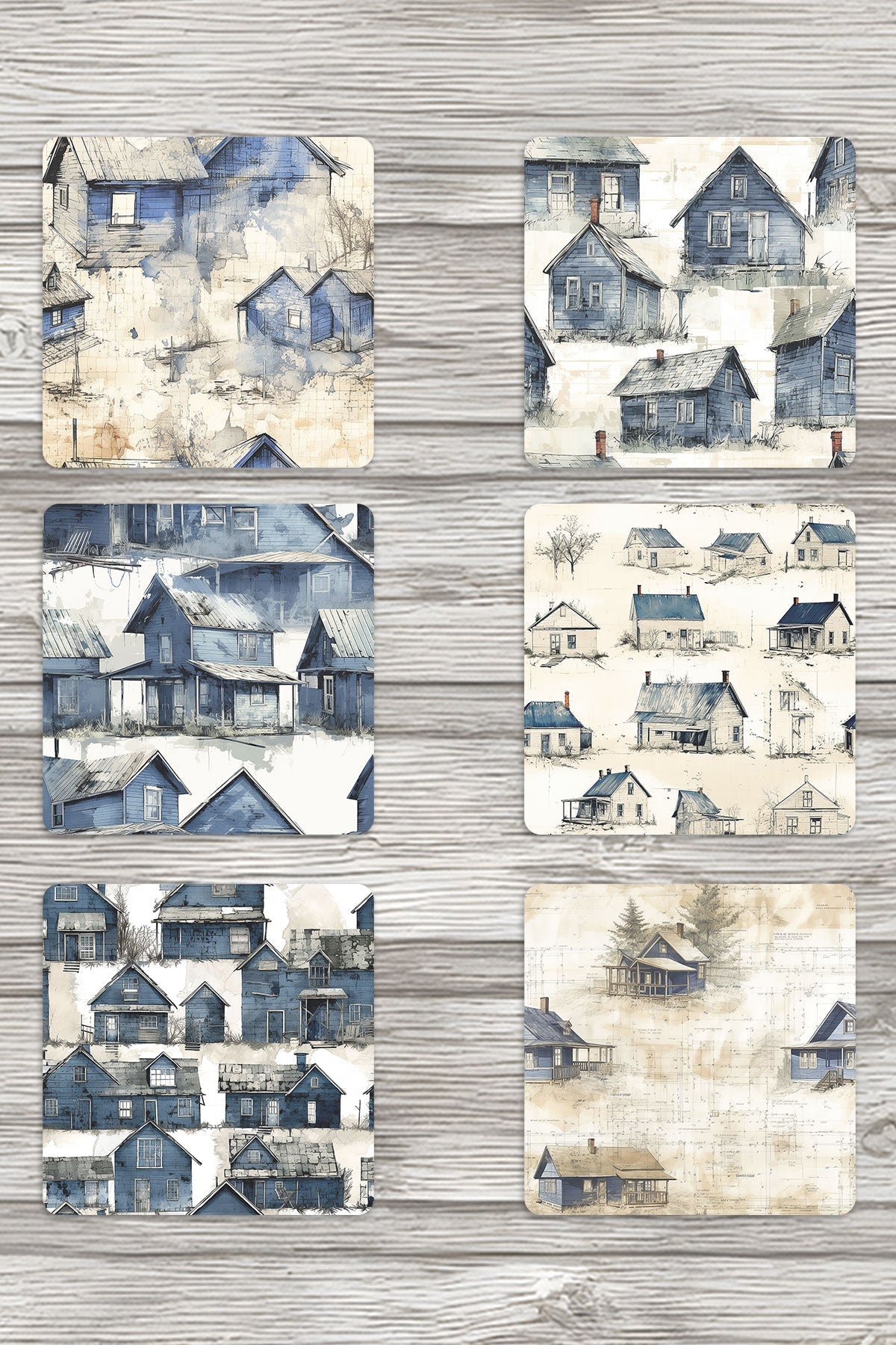 Nostaljik Evler Temalı No:1 Baskılı 6'lı Set Dekoratif Ahşap Kare Bardak Altlığı