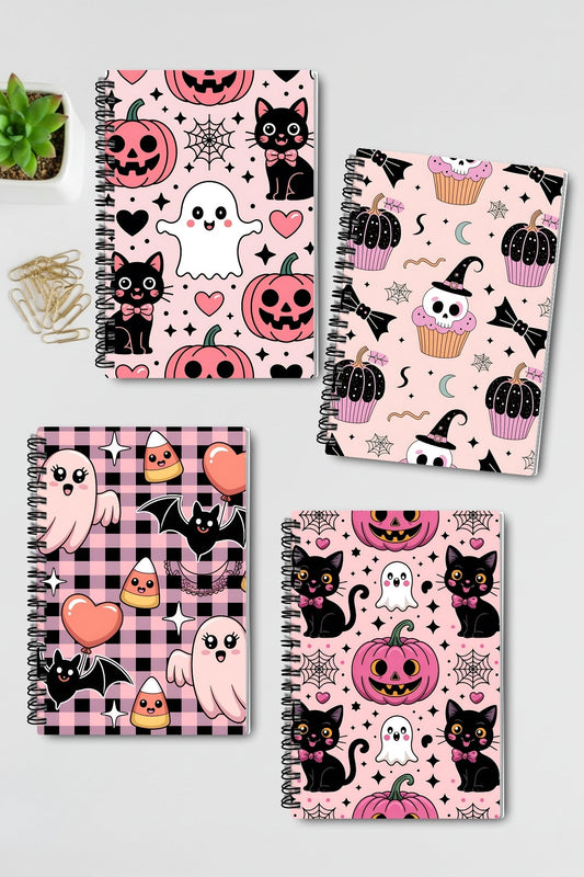 Pembe Sevimli Cadılar Bayramı Temalı Tasarım Tel Spiralli 4'lü Günlük Ajanda Okul Defter Seti