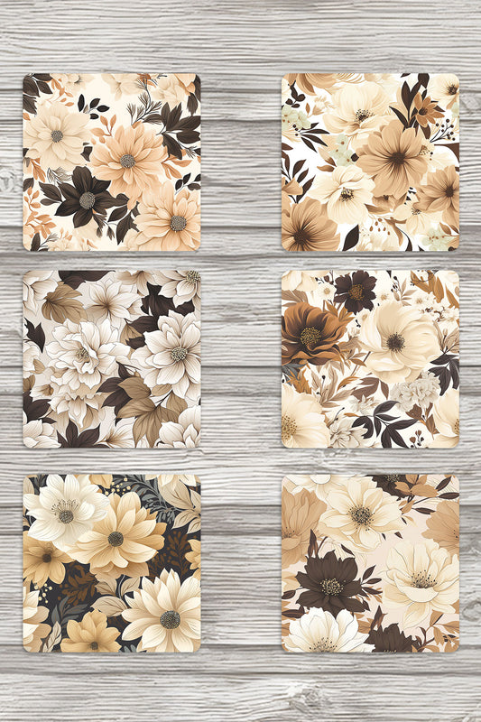 Boho Çiçekler No:1 Baskılı 6'lı Set Dekoratif Ahşap Kare Bardak Altlığı