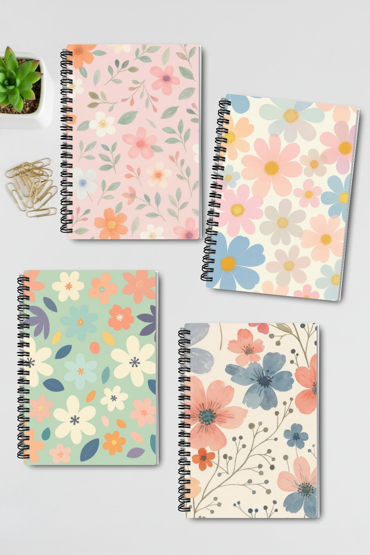 Pastel Renk Çiçekler Tasarım Tel Spiralli 4'lü Hatıra Günlük Ajanda Anı Okul Defter Seti