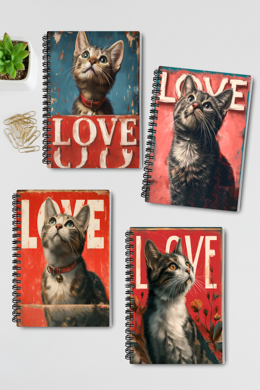 Sevimli Kediler Love Tasarım Tel Spiralli 4'lü Hatıra Günlük Ajanda Anı Okul Defter Seti