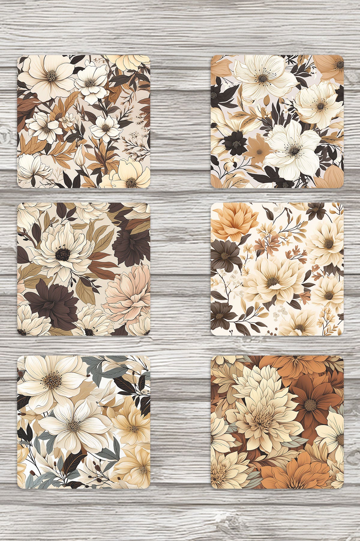 Boho Çiçekler No:2 Baskılı 6'lı Set Dekoratif Ahşap Kare Bardak Altlığı