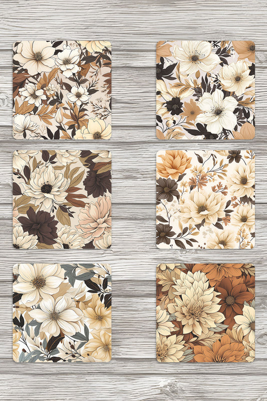 Boho Çiçekler No:2 Baskılı 6'lı Set Dekoratif Ahşap Kare Bardak Altlığı