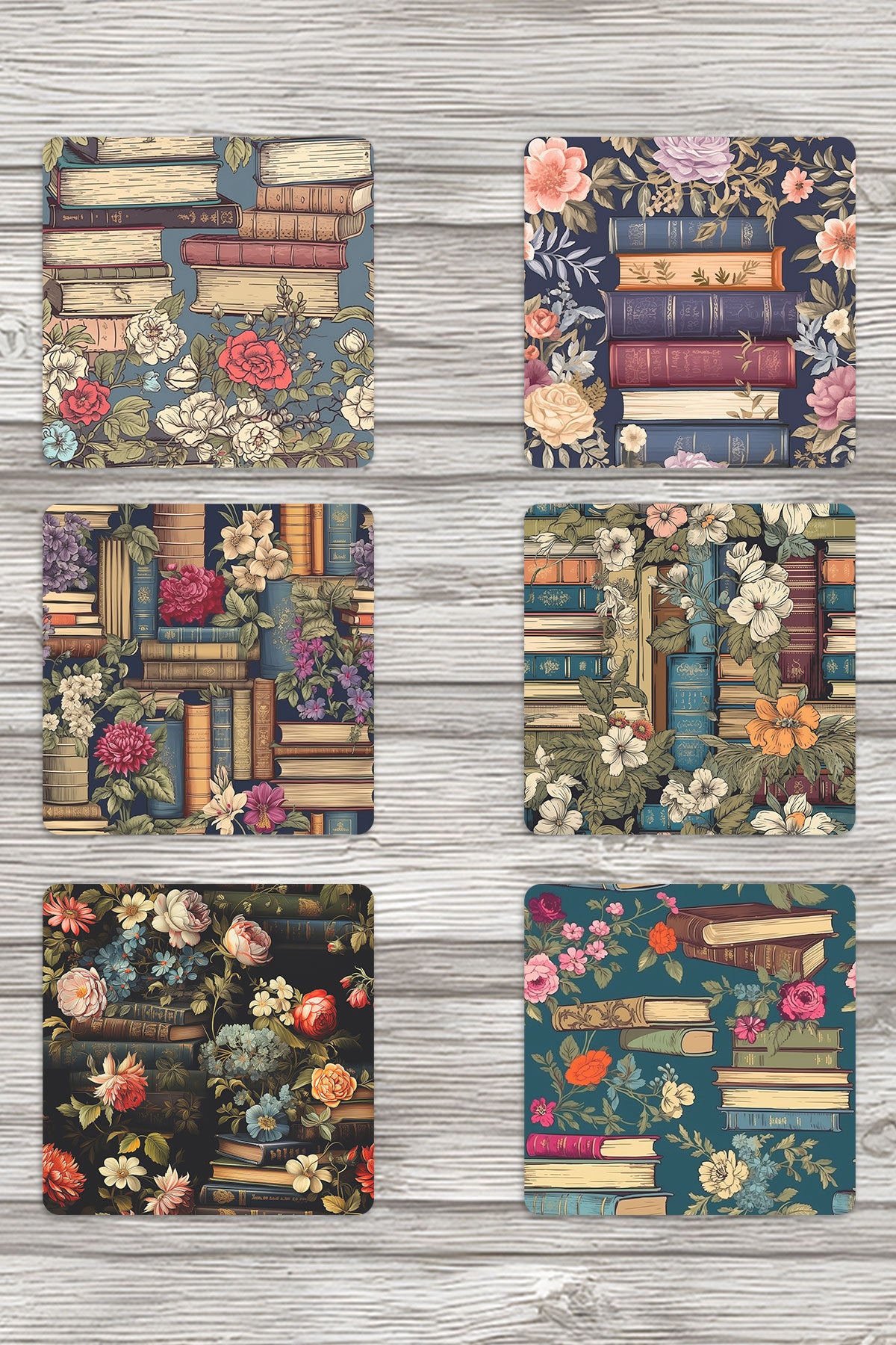 Çiçek ve Kitaplar No:1 Baskılı 6'lı Set Dekoratif Ahşap Kare Bardak Altlığı