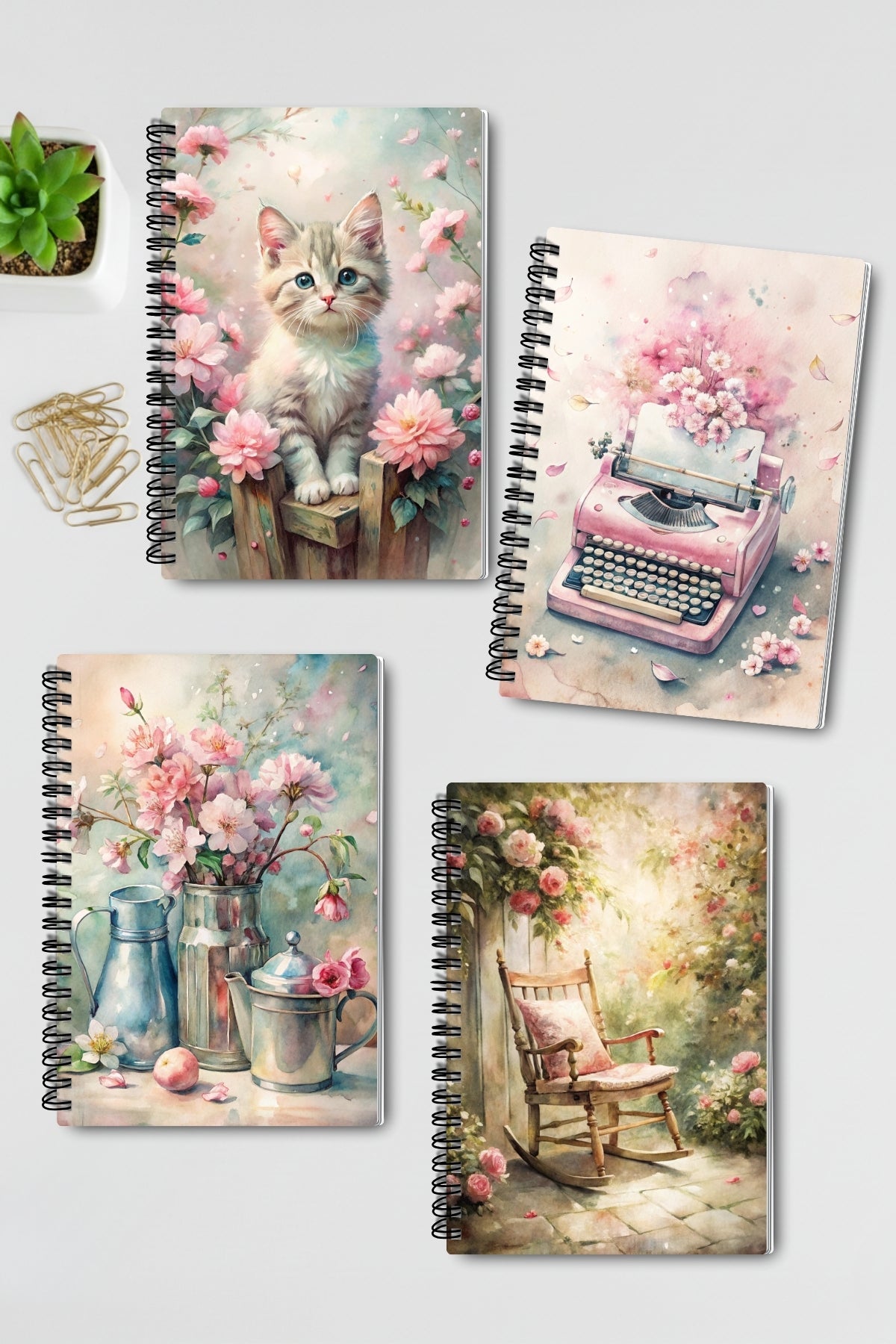 Pink Dreams Nostaljik Tasarım Tel Spiralli 4'lü Hatıra Günlük Ajanda Anı Okul Defter Seti