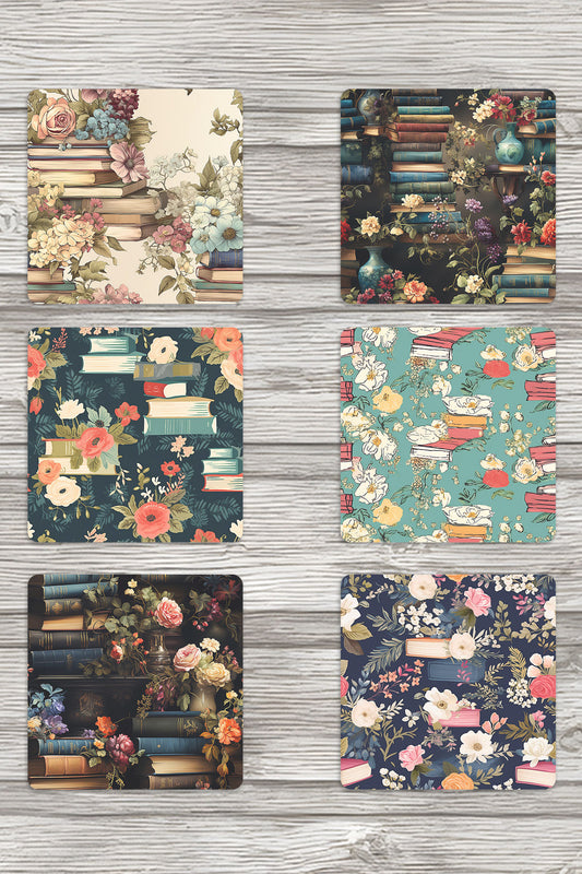 Çiçek ve Kitaplar No:2 Baskılı 6'lı Set Dekoratif Ahşap Kare Bardak Altlığı