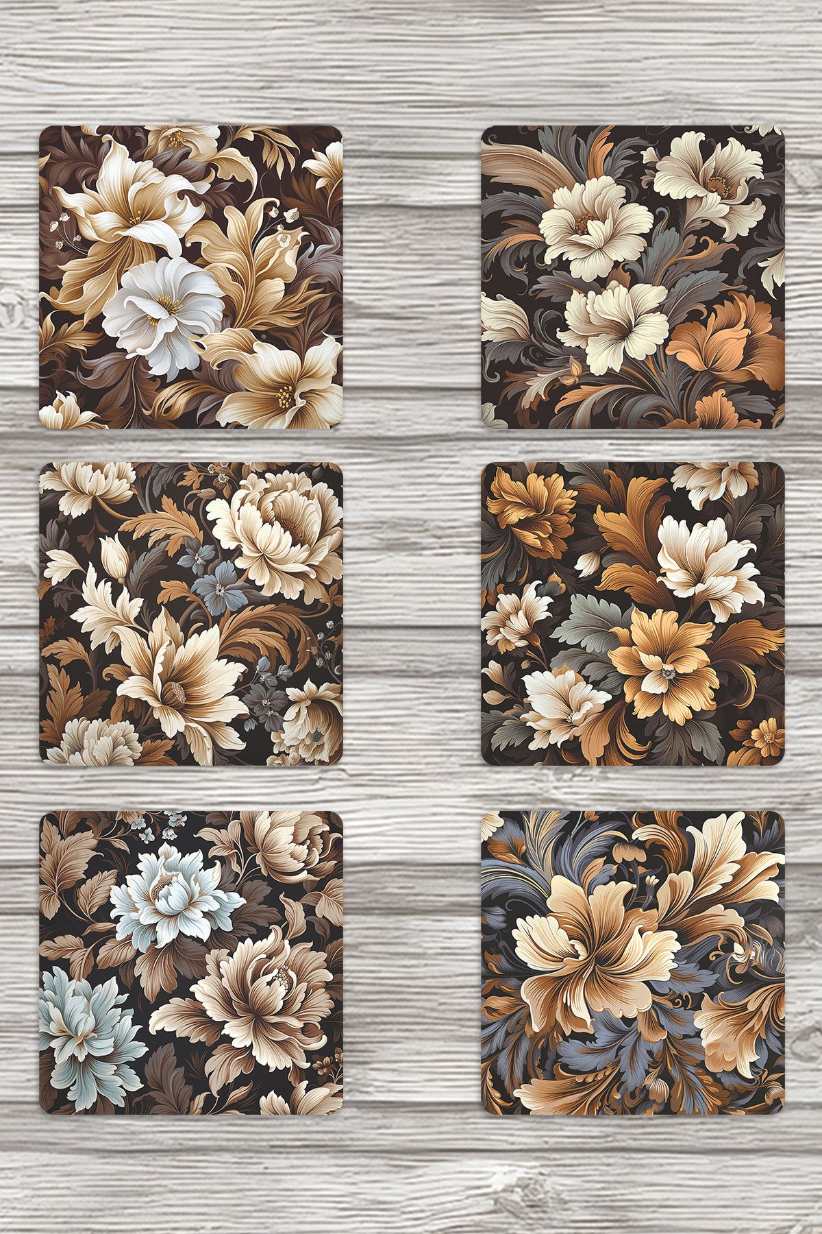 Kahverengi Temalı Çiçekler No:1 Baskılı 6'lı Set Dekoratif Ahşap Kare Bardak Altlığı