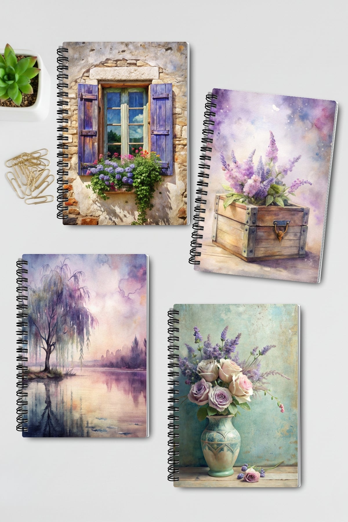 Purple Dream Nostaljik Tasarım Tel Spiralli 4'lü Hatıra Günlük Ajanda Anı Okul Defter Seti