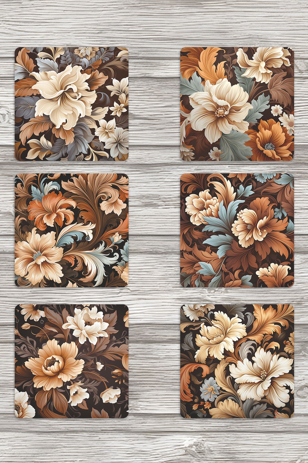 Kahverengi Temalı Çiçekler No:2 Baskılı 6'lı Set Dekoratif Ahşap Kare Bardak Altlığı