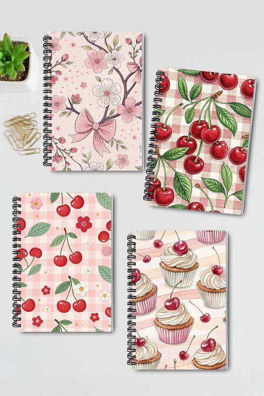 Pembe Vişne Temalı Tasarım Tel Spiralli 4'lü Hatıra Günlük Ajanda Anı Okul Defter Seti
