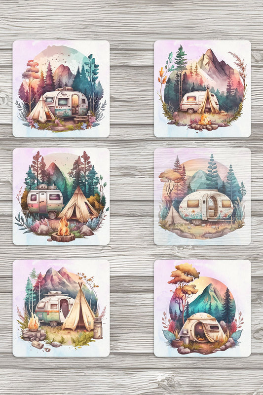 Kamp Temalı Baskılı 6'lı Set Dekoratif Ahşap Kare Bardak Altlığı