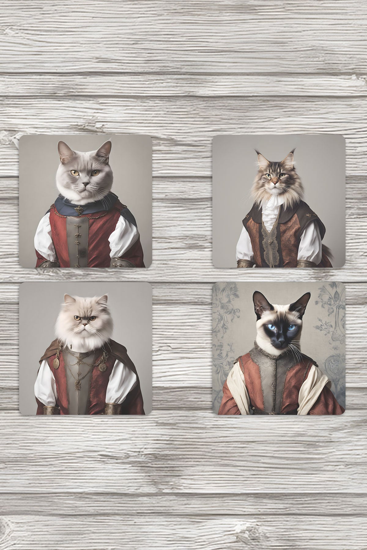 Ortaçağ Kostümlü Kediler No:1 Baskılı 4'lü Set Dekoratif Ahşap Kare Bardak Altlığı