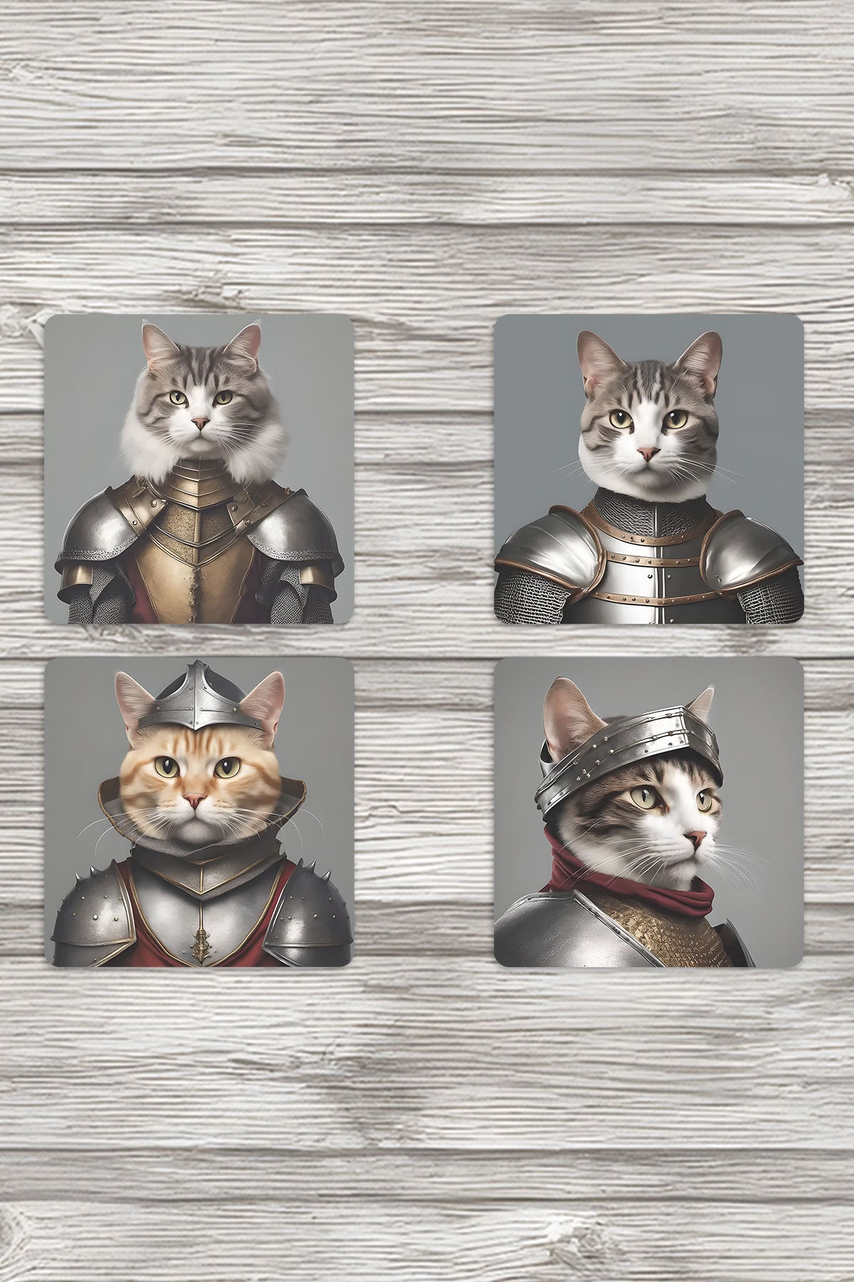 Ortaçağ Kostümlü Kediler No:2 Baskılı 4'lü Set Dekoratif Ahşap Kare Bardak Altlığı
