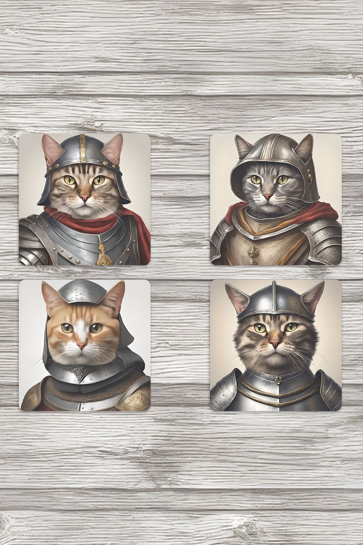 Ortaçağ Kostümlü Kediler No:3 Baskılı 4'lü Set Dekoratif Ahşap Kare Bardak Altlığı