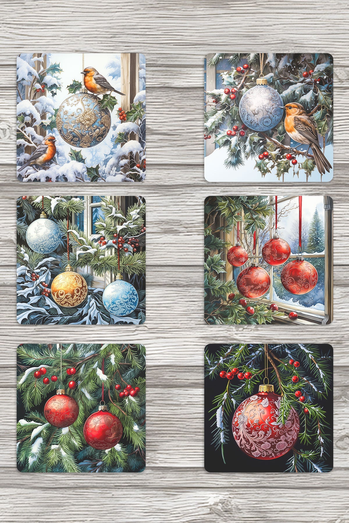 Yılbaşı Süsleri No:2 Baskılı 6'lı Set Dekoratif Ahşap Kare Bardak Altlığı