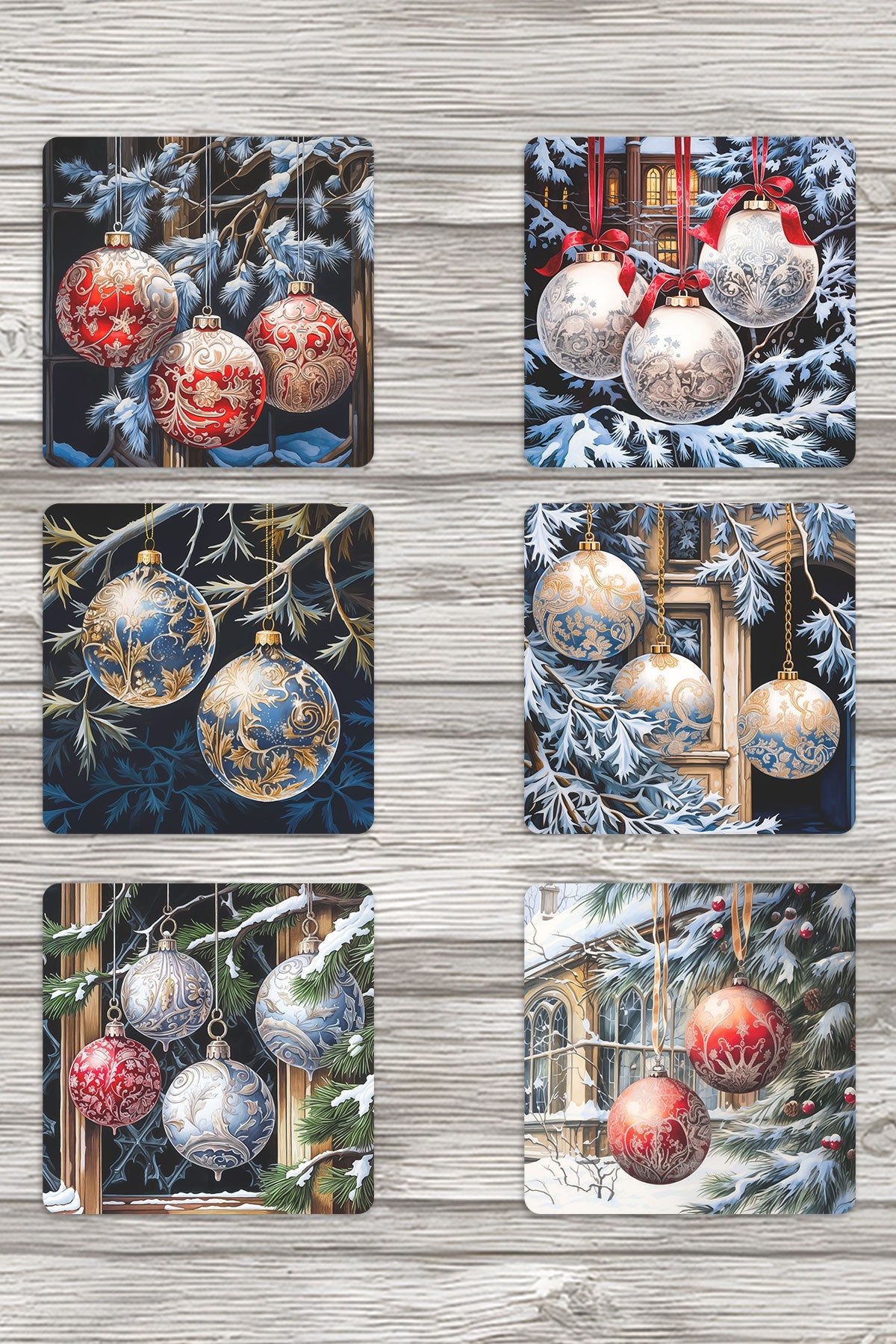 Yılbaşı Süsleri No:3 Baskılı 6'lı Set Dekoratif Ahşap Kare Bardak Altlığı