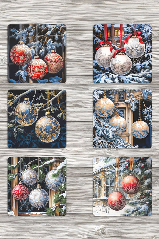 Yılbaşı Süsleri No:3 Baskılı 6'lı Set Dekoratif Ahşap Kare Bardak Altlığı