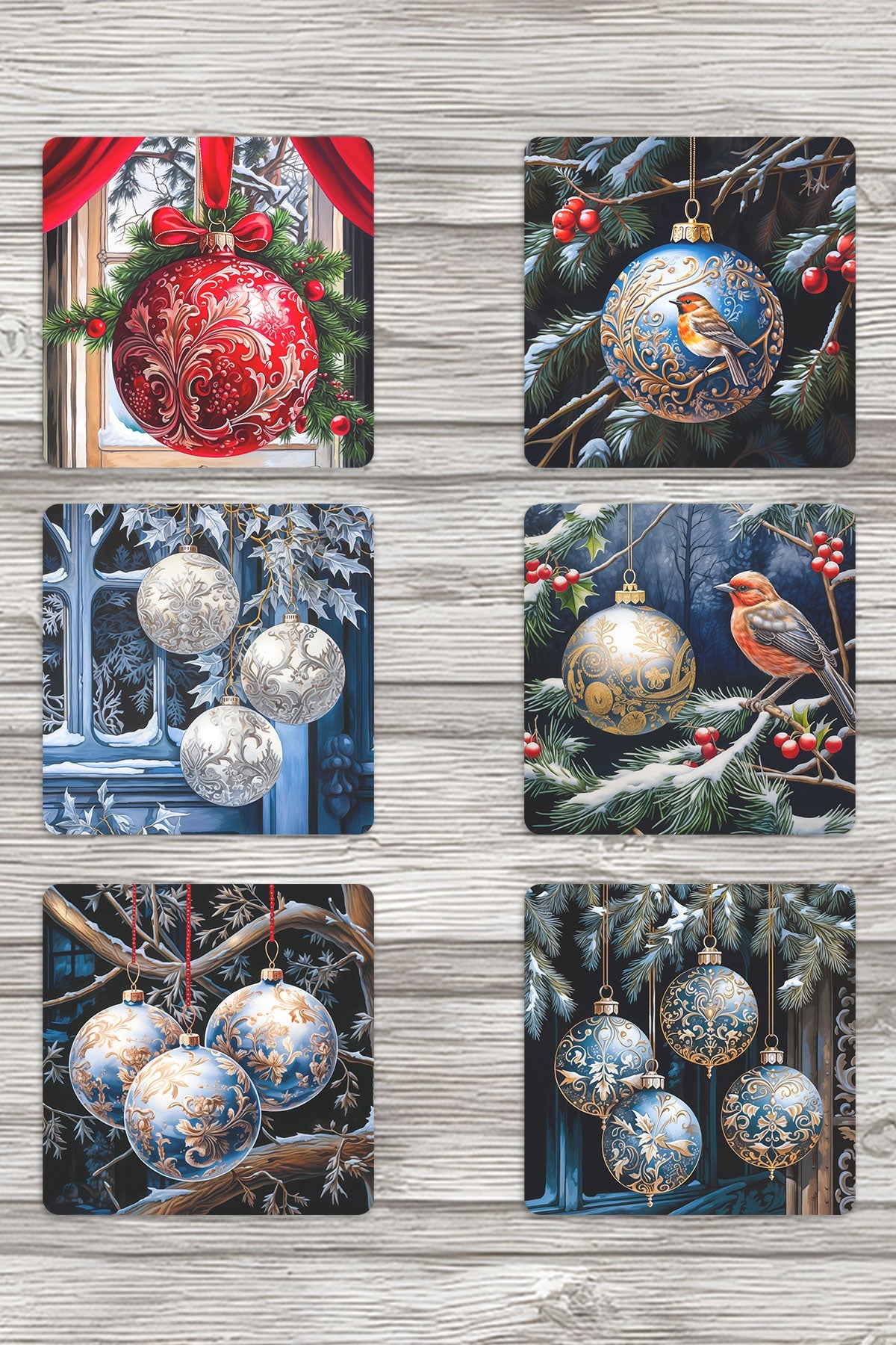 Yılbaşı Süsleri No:4 Baskılı 6'lı Set Dekoratif Ahşap Kare Bardak Altlığı