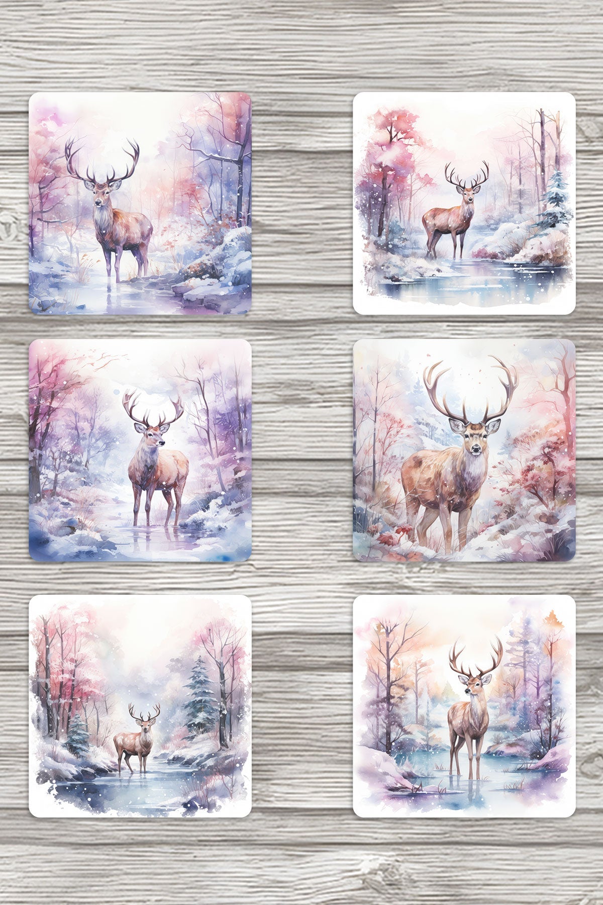Doğal Yaşam Geyik Temalı No:1 Baskılı 6'lı Set Dekoratif Ahşap Kare Bardak Altlığı