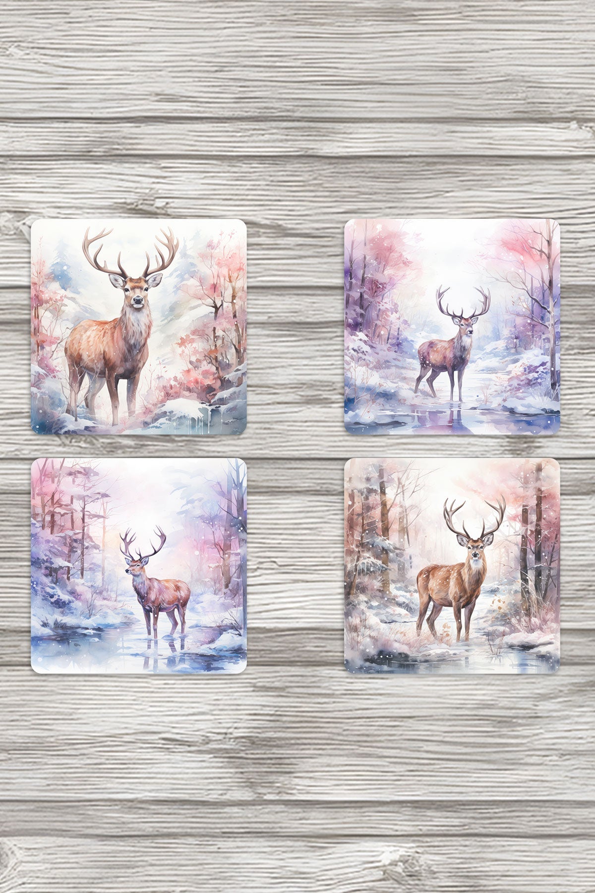 Doğal Yaşam Geyik Temalı No:2 Baskılı 4'lü Set Dekoratif Ahşap Kare Bardak Altlığı