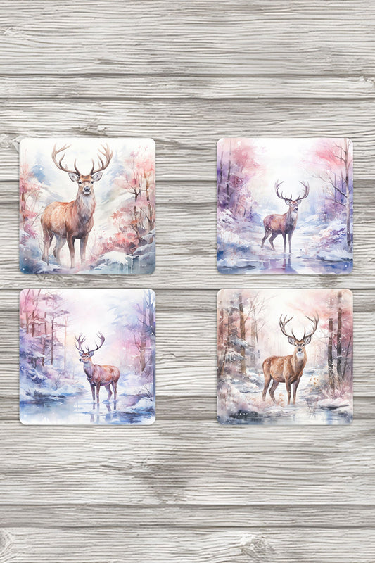 Doğal Yaşam Geyik Temalı No:2 Baskılı 4'lü Set Dekoratif Ahşap Kare Bardak Altlığı